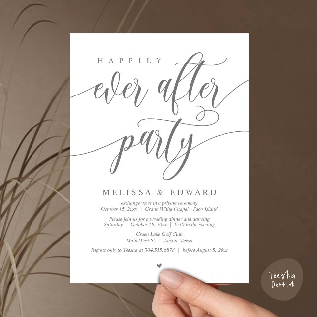 Wedding Elopement, Happily Ever After Party  Invitation (Happily Ever After Party Invitation Card, PDF, Wedding Elopement Dinner Brunch Lunch, Dark Grey)