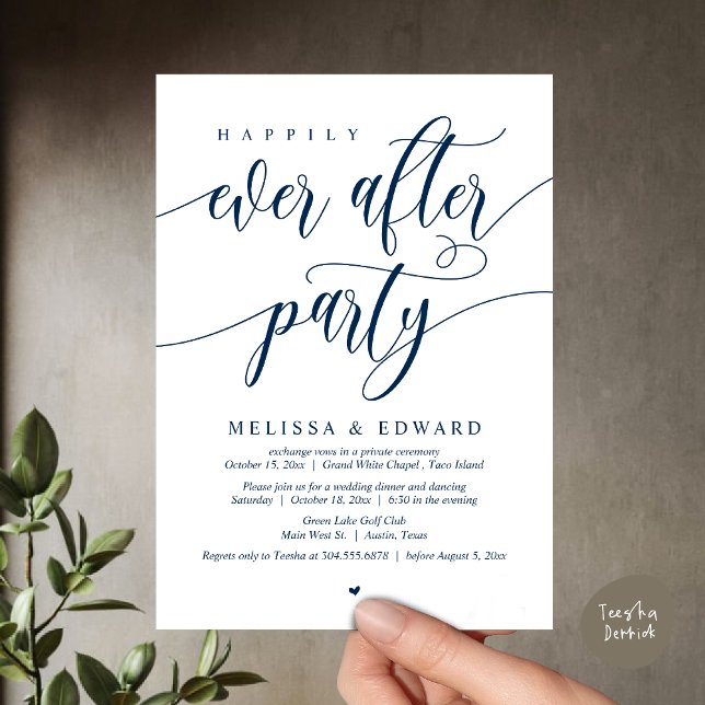 Wedding Elopement, Happily Ever After Party  Invitation (Happily Ever After Party Invitation Card, PDF, Wedding Elopement Dinner Brunch Lunch, Navy Blue)