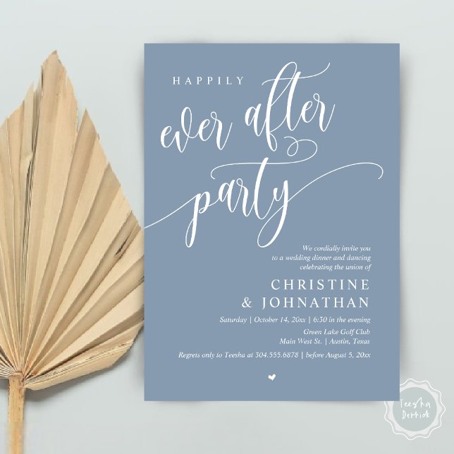 Wedding Elopement, Happily Ever After Party  Invitation (Wedding Elopement, Happily Ever After Party Invites Card, Modern Contemporary, PDF, in Dusty Blue)