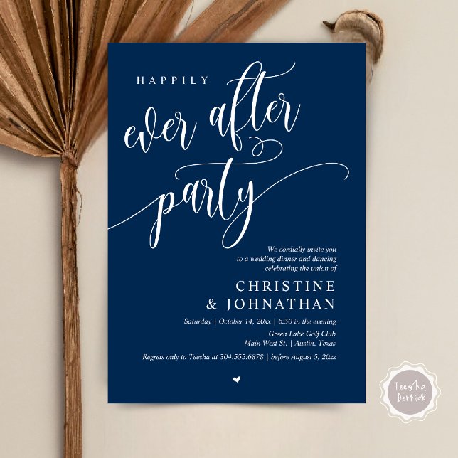Wedding Elopement, Happily Ever After Party  Invitation (Wedding Elopement, Happily Ever After Party Invites Card, Modern Contemporary, PDF, Navy Blue)