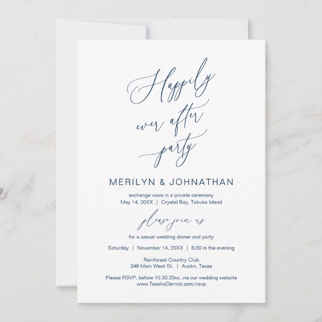 Wedding Elopement, Happily Ever After Party, Navy  Invitation (Front)
