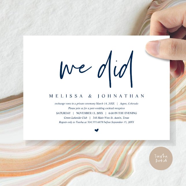 Wedding Elopement, Modern Minimalist, we did party Invitation (We Did, Wedding Elopement Dinner Invitation Card, PDF, Modern Minimalist, in Navy Blue)