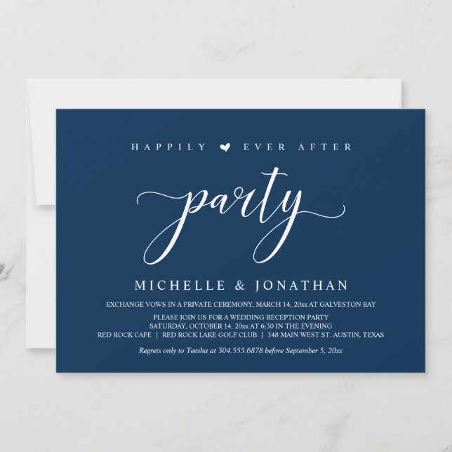 Wedding Elopement, Navy Blue, Reception Party Invi Invitation (Front)