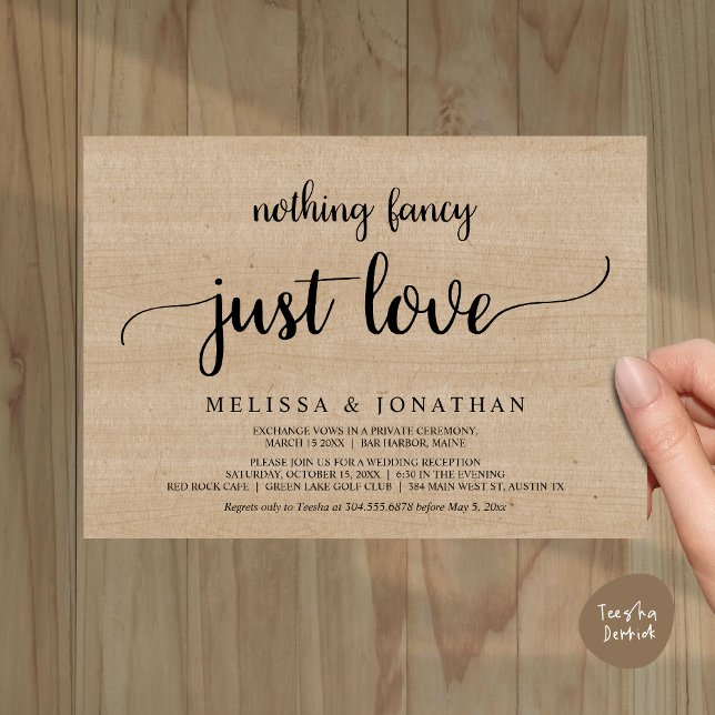 Wedding Elopement, Nothing Fancy Just Love Dinner Invitation (Wedding Elopement, Nothing Fancy Just Love Dinner Invitation Card, PDF, Rustic Cottage Brown Wood)