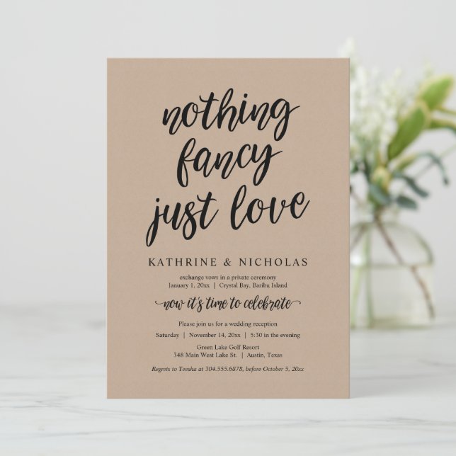 Wedding Elopement, Nothing Fancy, Just Love, Kraft Invitation (Standing Front)