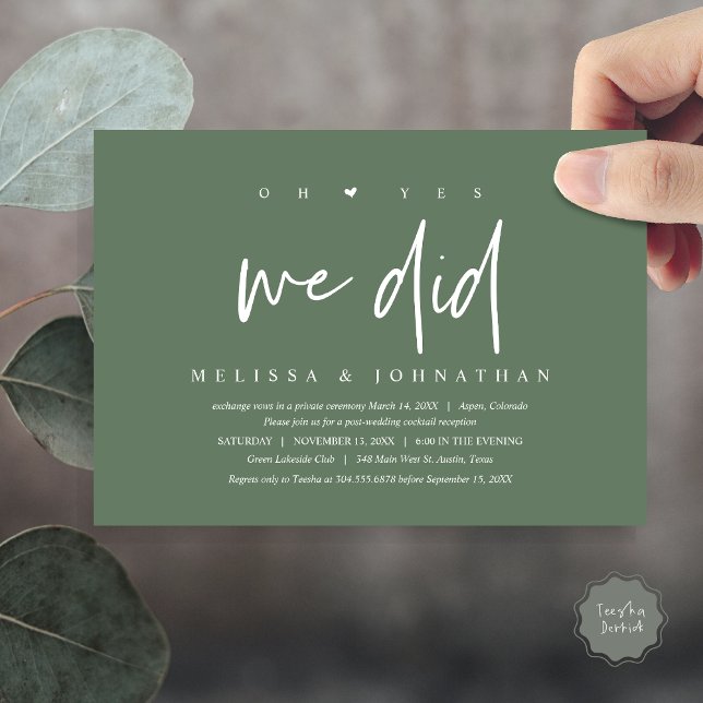 Wedding Elopement, oh yes we did Invitation (Oh yes we did, Modern Wedding Elopement Dinner Party Invitation Card, PDF, Forest Sage Green)
