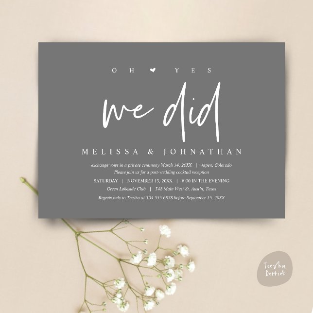Wedding Elopement, oh yes we did Invitation (Oh yes we did, Modern Wedding Elopement Dinner Party Invitation Card, PDF, Dark Grey)