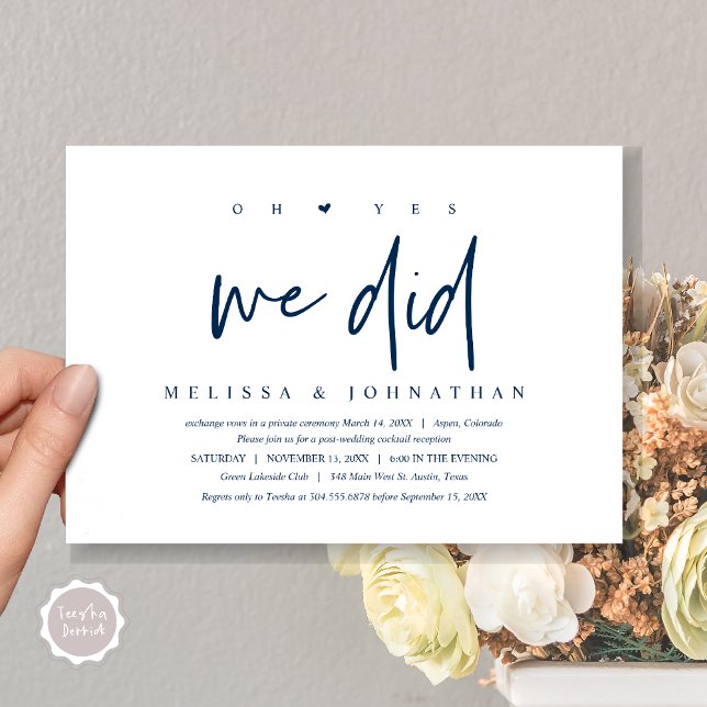 Wedding Elopement, oh yes we did, Party Invitation (Oh yes we did, Modern Wedding Elopement Dinner Party Invitation Card, PDF, Navy Blue)