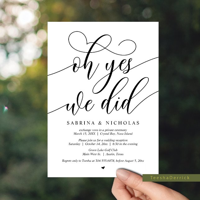 Wedding Elopement Party, Oh Yes, We Did Invitation (Oh Yes, We Did, Wedding Elopement Party, Dinner and Dancing Invitation Card, in Modern Calligraphy.)