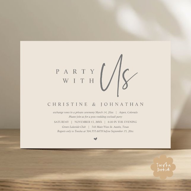 Wedding Elopement, Party with us Invitation (Party with us Modern Casual Wedding Elopement Dinner Party Dancing Invitation Card PDF Cream Grey)