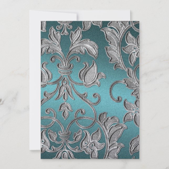 Wedding Embossed Look Damask Teal Invitation (Front)