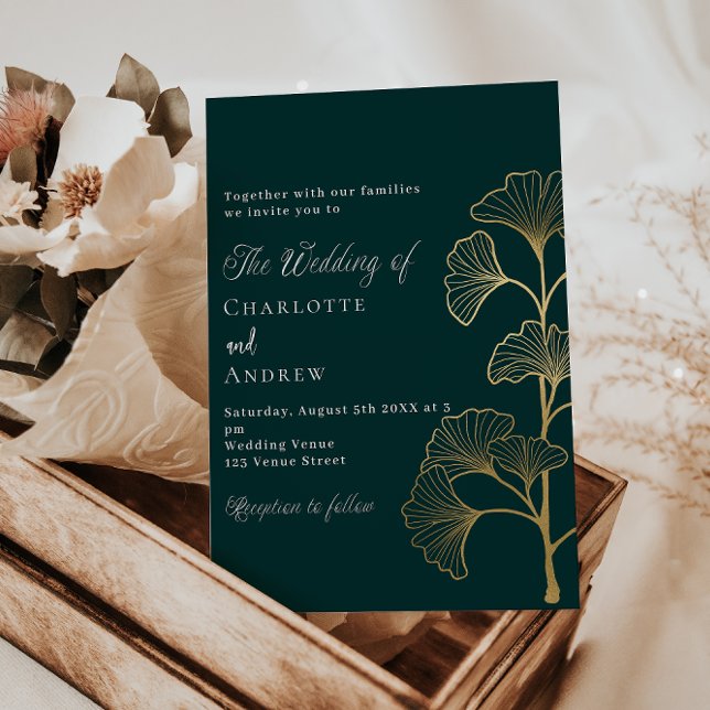 Wedding emerald green ginkgo greenery gold invitation (Creator Uploaded)