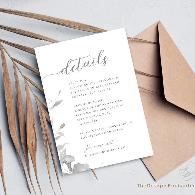 Wedding Enclosure Card Minimalist Floral Details (Wedding Enclosure Card. Minimalist Details Card with boho watercolor flowers by TheDesignsEnchanted)