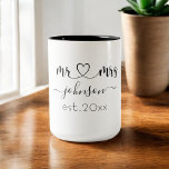 Wedding Engagement Heart Mr Mrs Personalised Name  Two-Tone Coffee Mug<br><div class="desc">Mr. and Mrs. personalised last name or surname with cute girly heart coffee cup with customised name and established date which makes a personalised and special gift for a wedding,  anniversary,  Christmas or engagement gift.</div>