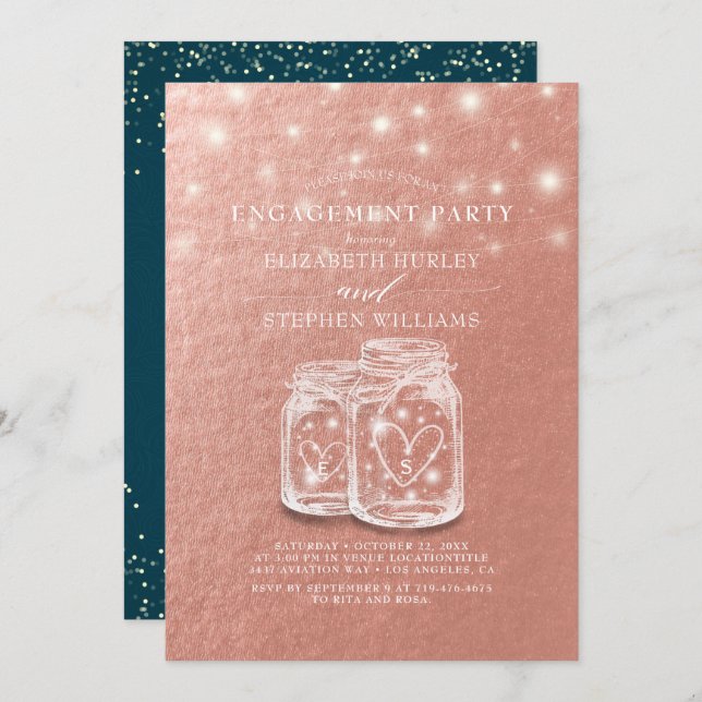 Wedding Engagement Party Chic Mason Jars Rose Gold Invitation (Front/Back)