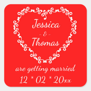 Wedding Engagement Red Floral Heart Personalised Square Sticker