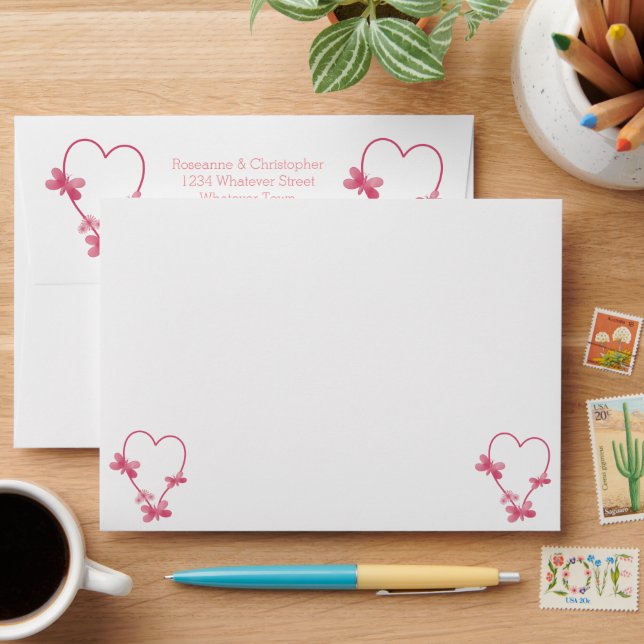 Wedding Envelope Pink Heart And Butterflies (Desk)