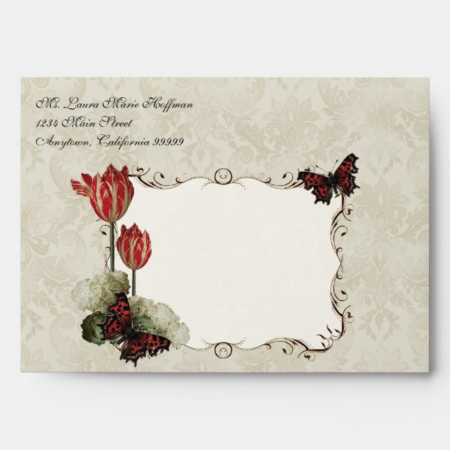 Wedding Envelopes - Black n Cream Red Tulip Damask (Front)