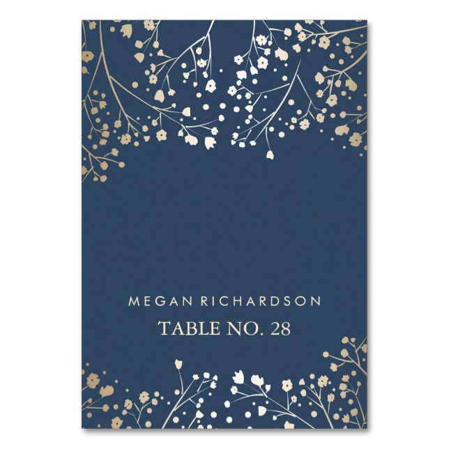 wedding escort cards navy baby's breath gold (Front)