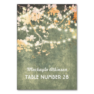 wedding escort cards string lights branches
