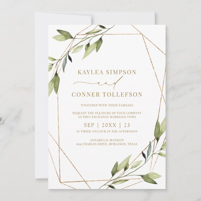 Wedding Ethereal Geometric Greenery Gold Vines Invitation (Front)
