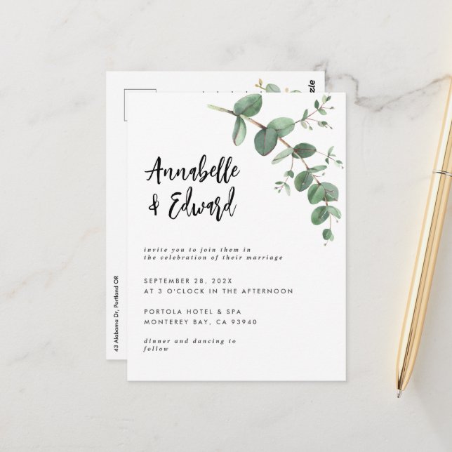 wedding eucalyptus details and invitation  postcard (Front/Back In Situ)