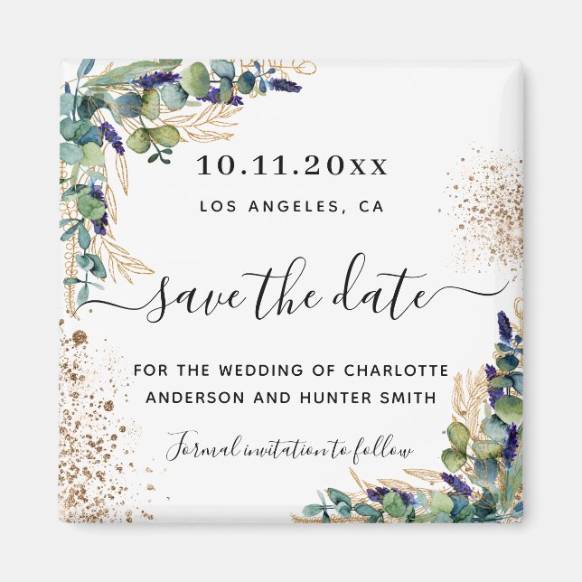 Wedding eucalyptus gold glitter save the date magnet (Front)