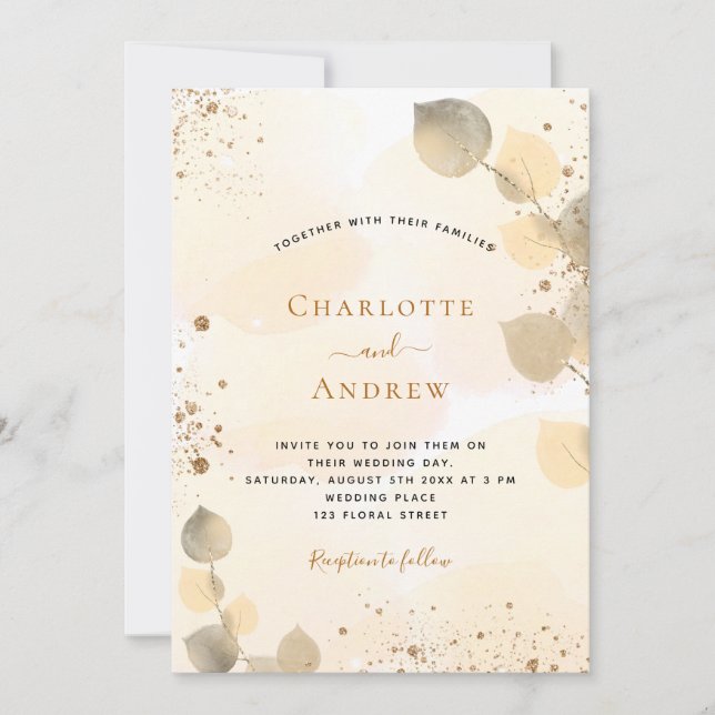 Wedding eucalyptus golden botanical foliage invitation (Front)