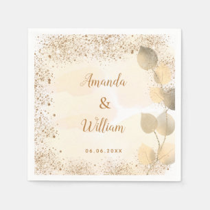 Wedding eucalyptus golden glitter monogram napkin