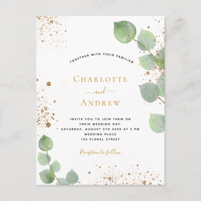 Wedding eucalyptus greenery glitter golden glitter invitation postcard (Front)