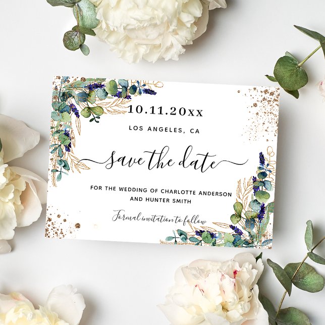Wedding eucalyptus greenery gold white foliage save the date (Creator Uploaded)