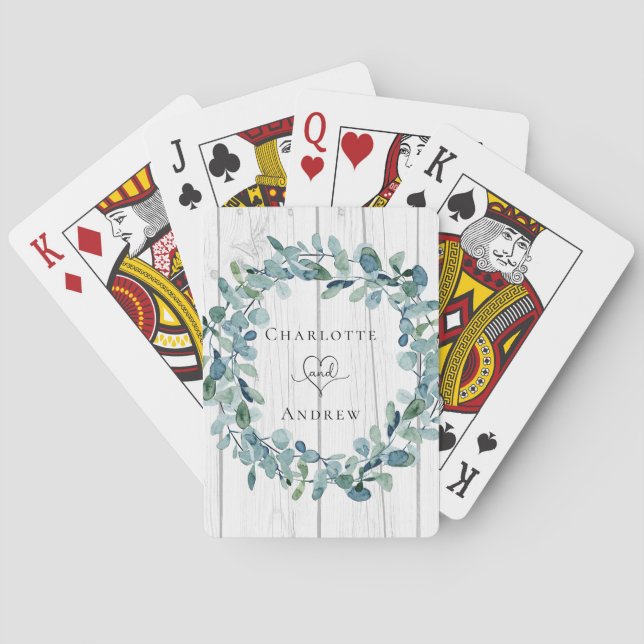 Wedding eucalyptus greenery wreath white wood playing cards (Back)