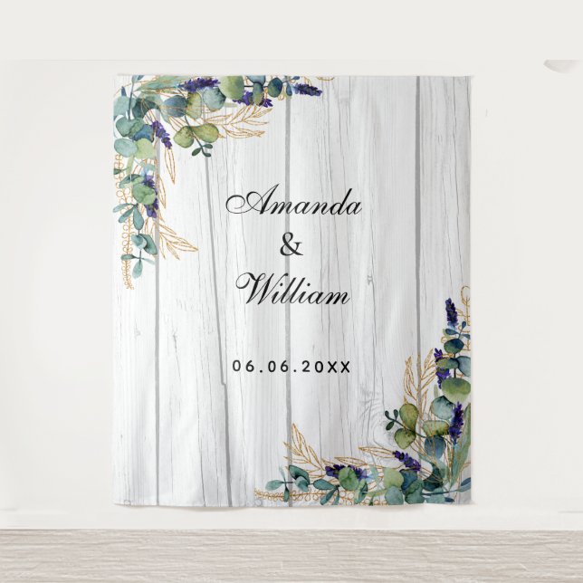 Wedding eucalyptus withe wood rustic names tapestry (Front)