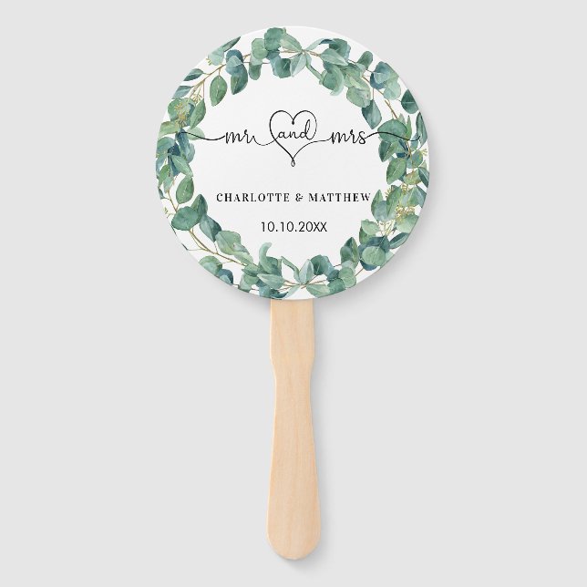 Wedding eucalyptus wreath mr mrs heart names hand fan (Front)