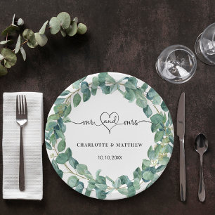 Wedding eucalyptus wreath mr mrs heart names paper plate