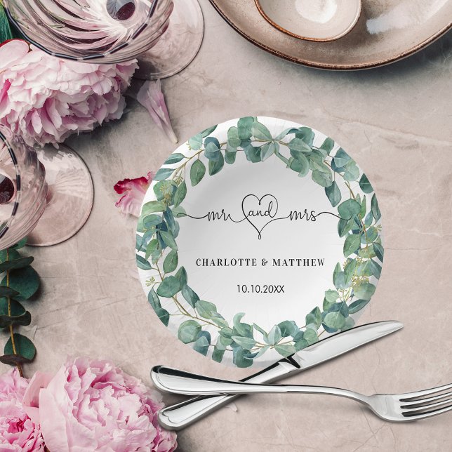 Wedding eucalyptus wreath mr mrs heart names paper plate (Creator Uploaded)