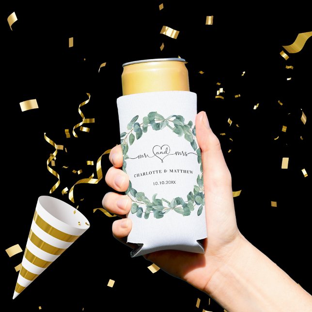 Wedding eucalyptus wreath mr mrs heart names seltzer can cooler (Creator Uploaded)