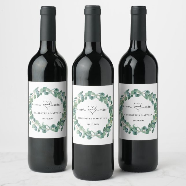 Wedding eucalyptus wreath mr mrs heart names wine label (Bottles)