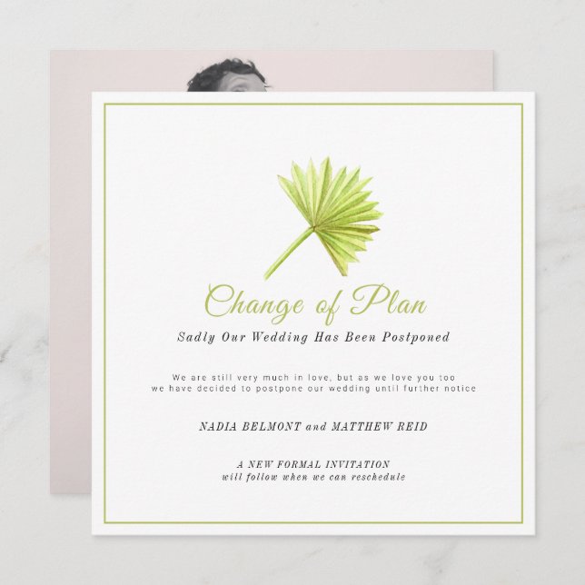 Wedding event change of plan postponed palm leaf save the date (Front/Back)