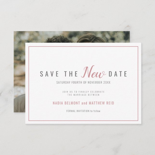 Wedding event change save the new date dusky rose save the date (Front/Back)
