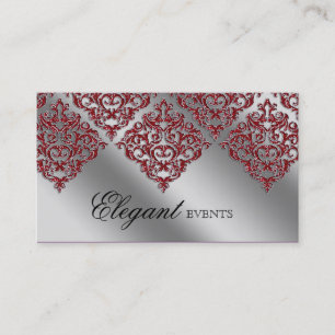 Wedding Event Planner Damask Red Sparkle Silver Business Card