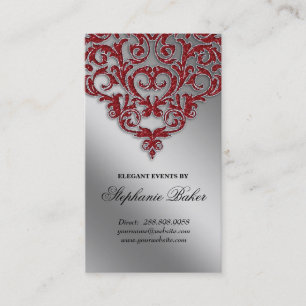 Wedding Event Planner Damask Red Sparkle Silver Business Card