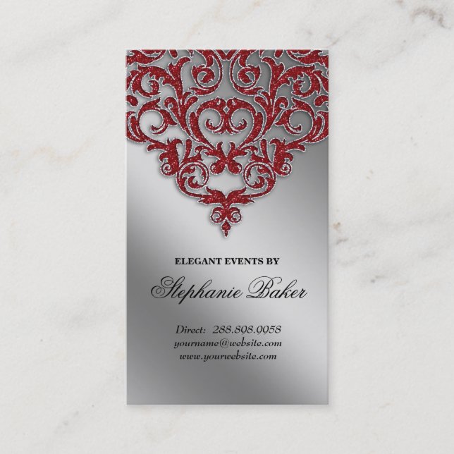 Wedding Event Planner Damask Red Sparkle Silver Business Card (Front)