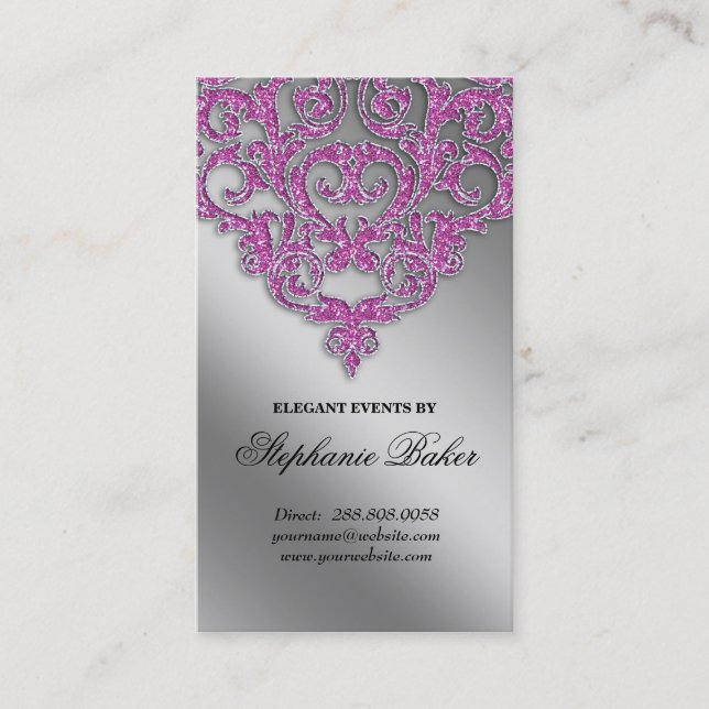 Wedding Event Planner Damask Silver Sparkle Pink V Business Card (Front)