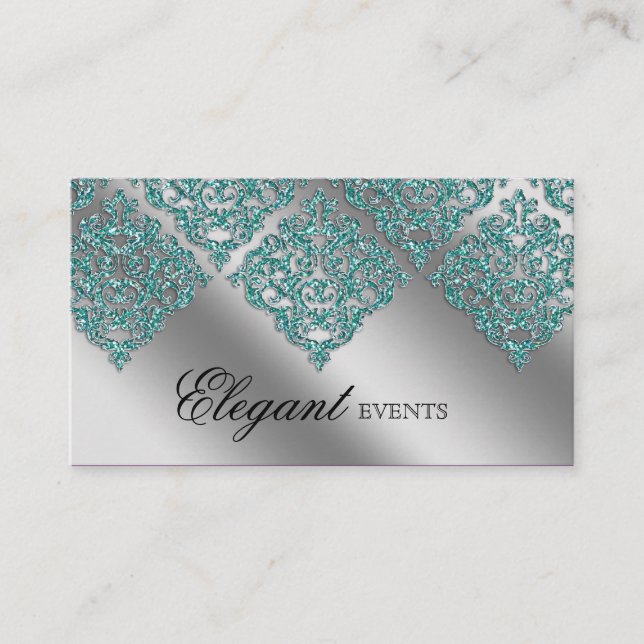 Wedding Event Planner Damask Sparkle Silver Teal Business Card (Front)