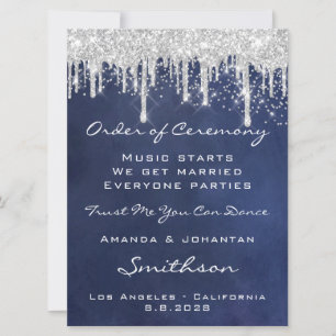 Wedding Event Program Blue Navy Silver Grey Drips  Invitation