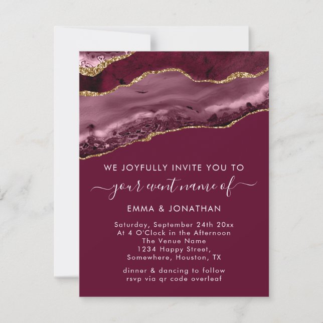 Wedding Event QR Code Burgundy Gold Marble  (Front)