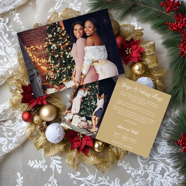 Wedding Exclusive Whimsical Golden Script 2 Photos (Whimsical Fake Golden Typography Rings & Merry Things Quote Foil Holidays as a Save the Date.)