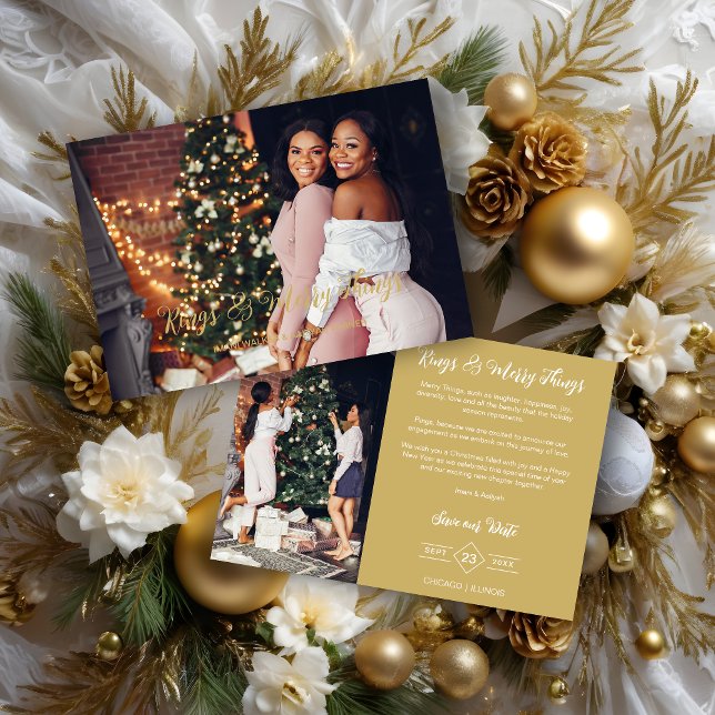 Wedding Exclusive Whimsical Golden Script 2 Photos Holiday Card (Exclusive Whimsical Gold Typography Rings & Merry Things Quote Holidays as a Save the date Card.)