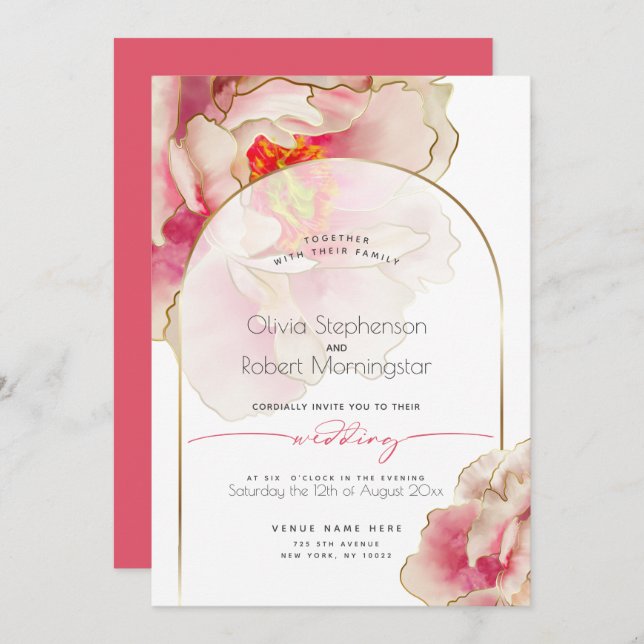 WEDDING  | Exotic Coral Rose Peony Invitation (Front/Back)
